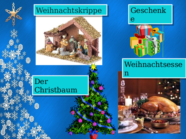 Weihnachtskrippe Geschenke Weihnachtsessen Der Christbaum 