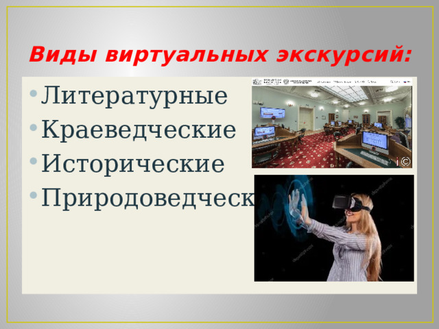 Виды виртуальных экскурсий: Литературные  Краеведческие Исторические Природоведческие. 