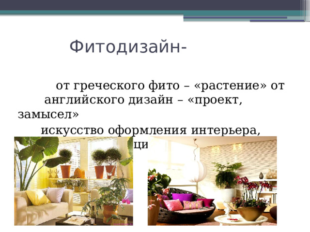  Фитодизайн-  от греческого фито – «растение» от английского дизайн – «проект, замысел»  искусство оформления интерьера, создание композиций с использованием растений. 