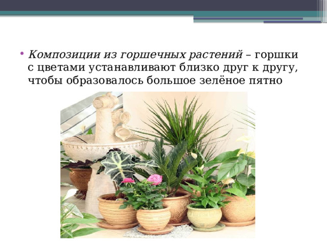 Композиции из горшечных растений – горшки с цветами устанавливают близко друг к другу, чтобы образовалось большое зелёное пятно 
