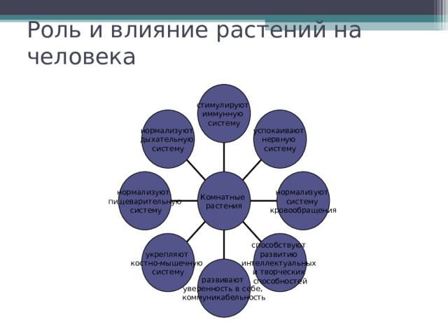 Роль и влияние растений на человека стимулируют иммунную систему нормализуют дыхательную систему успокаивают нервную систему нормализуют систему кровообращения нормализуют пищеварительную  систему Комнатные растения способствуют развитию интеллектуальных и творческих способностей укрепляют костно-мышечную систему развивают уверенность в себе, коммуникабельность 