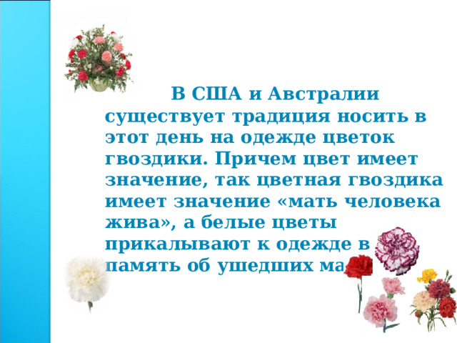  В США и Австралии существует традиция носить в этот день на одежде цветок гвоздики. Причем цвет имеет значение, так цветная гвоздика имеет значение «мать человека жива», а белые цветы прикалывают к одежде в память об ушедших матерях 