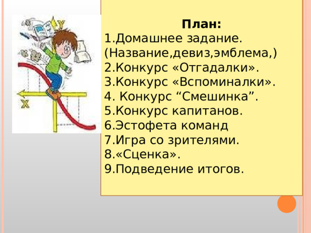  План: Домашнее задание. (Название,девиз,эмблема,) 2.Конкурс «Отгадалки». 3.Конкурс «Вспоминалки». 4. Конкурс “Смешинка”. 5.Конкурс капитанов. 6.Эстофета команд 7.Игра со зрителями. 8.«Сценка». 9.Подведение итогов. 