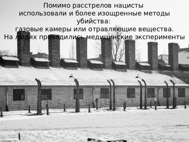 Помимо расстрелов нацисты использовали и более изощренные методы убийства: газовые камеры или отравляющие вещества. На людях проводились медицинские эксперименты 