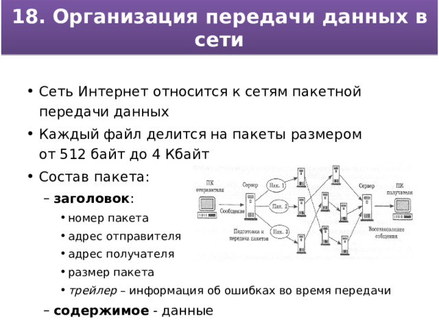 18. Организация передачи данных в сети Сеть Интернет относится к сетям пакетной передачи данных Каждый файл делится на пакеты размером  от 512 байт до 4 Кбайт Состав пакета: заголовок : заголовок : номер пакета адрес отправителя адрес получателя размер пакета трейлер – информация об ошибках во время передачи содержимое - данные номер пакета адрес отправителя адрес получателя размер пакета трейлер – информация об ошибках во время передачи номер пакета адрес отправителя адрес получателя размер пакета трейлер – информация об ошибках во время передачи содержимое - данные 19 