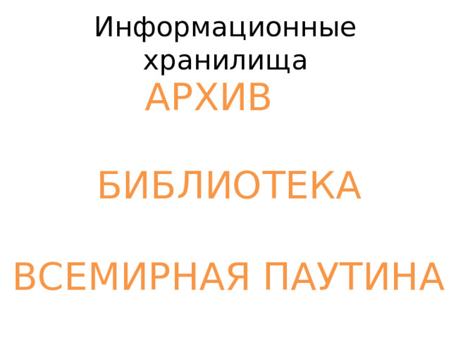 Информационные хранилища АРХИВ БИБЛИОТЕКА ВСЕМИРНАЯ ПАУТИНА 