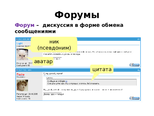 Форумы Форум –  дискуссия в форме обмена сообщениями ник (псевдоним) аватар цитата 