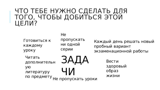 что тебе нужно сделать для того, чтобы добиться этой цели? Не пропускать ни одной серии Готовиться к каждому уроку Каждый день решать новый  пробный вариант  экзаменационной работы ЗАДАЧИ Читать дополнительную литературу по предмету Вести здоровый образ жизни Не пропускать уроки 