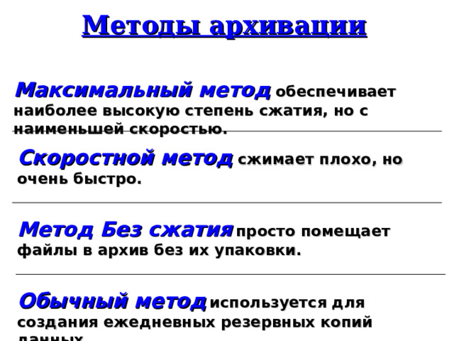 Методы архивации Максимальный метод обеспечивает наиболее высокую степень сжатия, но с наименьшей скоростью. Скоростной метод сжимает плохо, но очень быстро. Метод Без сжатия  просто помещает файлы в архив без их упаковки. Обычный метод  используется для создания ежедневных резервных копий данных.         