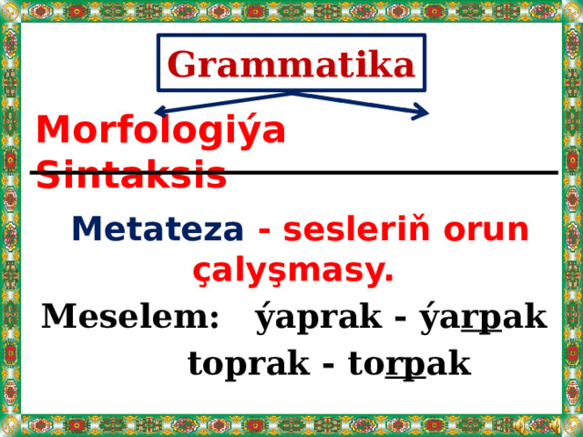 Grammatika  Morfologiýa Sintaksis  Metateza - sesleriň orun çalyşmasy. Meselem: ýaprak - ýa rp ak  toprak - to rp ak 