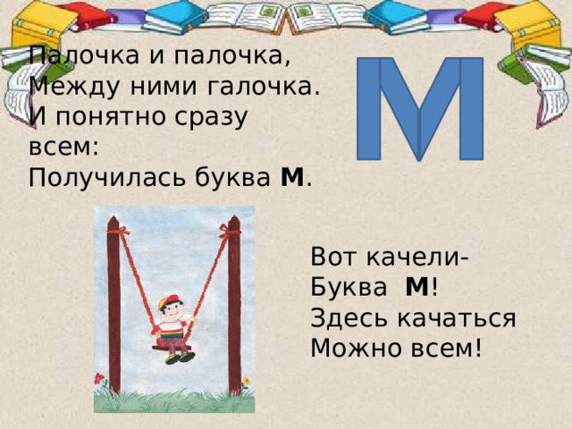 Палочка и палочка, Между ними галочка. И понятно сразу всем: Получилась буква М . Вот качели-  Буква М !  Здесь качаться  Можно всем! На что похожа буква «М»  