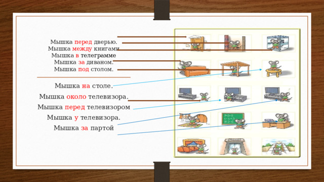 Мышка перед дверью.  Мышка между книгами  Мышка в телеграмме  Мышка за диваном.  Мышка под столом. Мышка на столе. Мышка около телевизора. Мышка перед телевизором Мышка у телевизора. Мышка за партой 