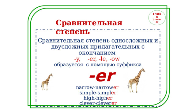 English Grammar Сравнительная степень Сравнительная степень односложных и двусложных прилагательных с окончанием -y, -er, -le, -ow образуется с помощью суффикса  -er narrow-narrow er  simple-simpl er high-high er clever-clever er 
