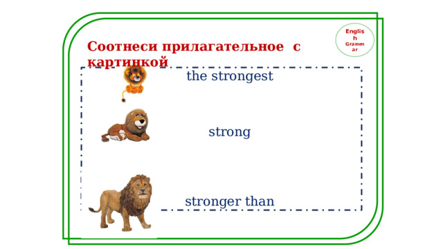 English Grammar Соотнеси прилагательное с картинкой the strongest strong stronger than 