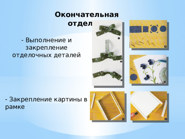 Окончательная отделка. - Выполнение и закрепление отделочных деталей - Закрепление картины в рамке 