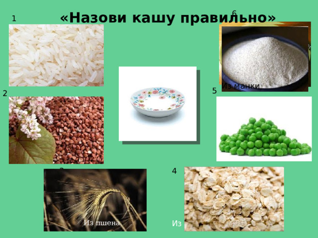 «Назови кашу правильно» 6 1 Из риса Из манки 5 2 Из гороха Из гречи 4 3 Из овса Из пшена  