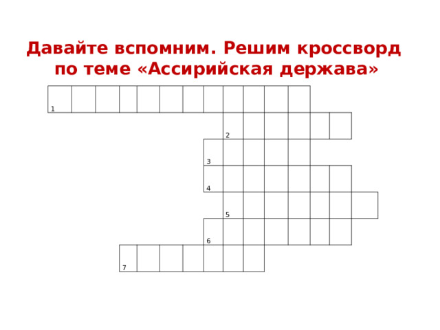 Давайте вспомним. Решим кроссворд по теме «Ассирийская держава»   1                   3     2   7       4                   5   6                                                   