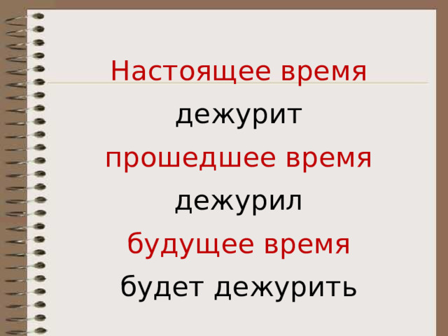 Настоящее время дежурит прошедшее время дежурил будущее время будет дежурить 