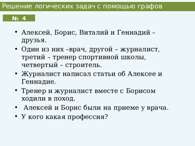 Решение логических задач с помощью графов № 4 Алексей, Борис, Виталий и Геннадий – друзья. Один из них –врач, другой – журналист, третий – тренер спортивной школы, четвертый – строитель. Журналист написал статьи об Алексее и Геннадие. Тренер и журналист вместе с Борисом ходили в поход.  Алексей и Борис были на приеме у врача. У кого какая профессия? 