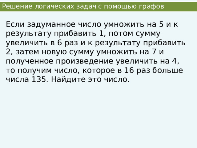 Решение логических задач с помощью графов Если задуманное число умножить на 5 и к результату прибавить 1, потом сумму увеличить в 6 раз и к результату прибавить 2, затем новую сумму умножить на 7 и полученное произведение увеличить на 4, то получим число, которое в 16 раз больше числа 135. Найдите это число. 