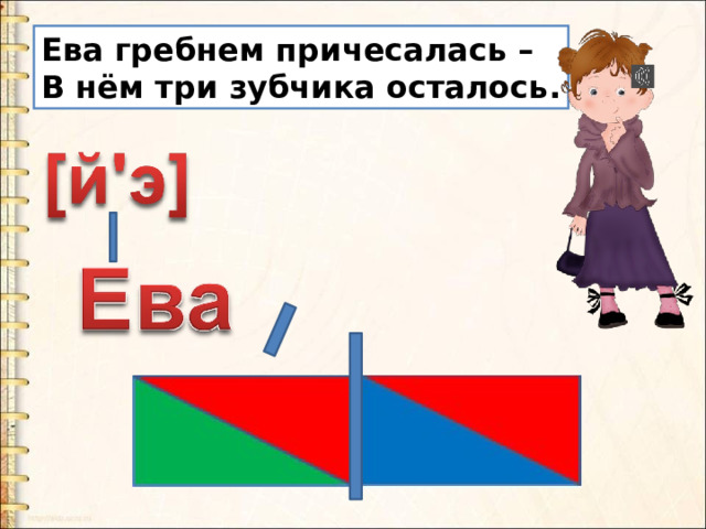 Ева гребнем причесалась – В нём три зубчика осталось. 
