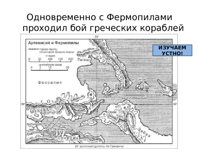 Одновременно с Фермопилами проходил бой греческих кораблей у мыса Артемисий. ИЗУЧАЕМ УСТНО! 