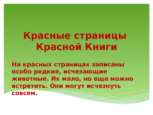 Красные страницы  Красной Книги На красных страницах записаны особо редкие, исчезающие животные. Их мало, но еще можно встретить. Они могут исчезнуть совсем.  