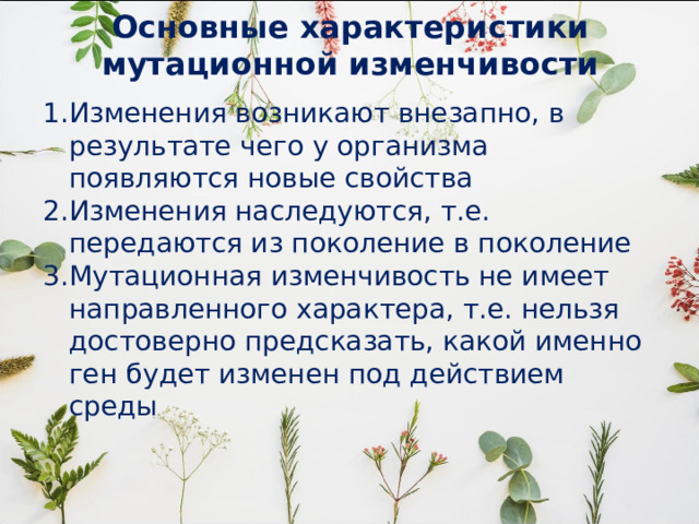 Основные характеристики мутационной изменчивости Изменения возникают внезапно, в результате чего у организма появляются новые свойства Изменения наследуются, т.е. передаются из поколение в поколение Мутационная изменчивость не имеет направленного характера, т.е. нельзя достоверно предсказать, какой именно ген будет изменен под действием среды 