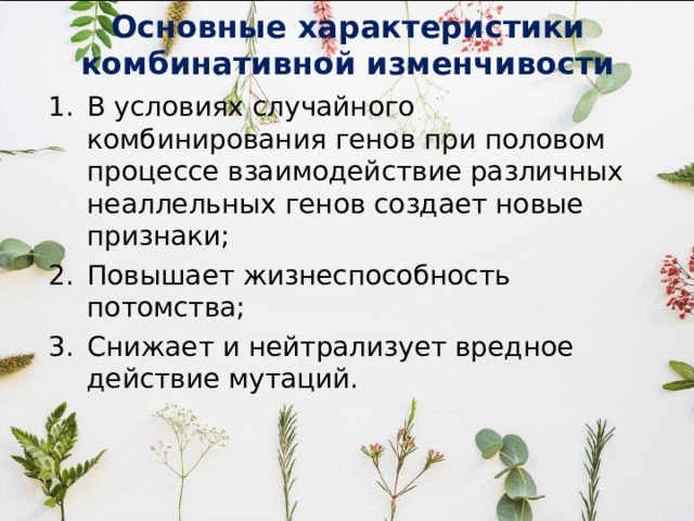 Основные характеристики комбинативной изменчивости В условиях случайного комбинирования генов при половом процессе взаимодействие различных неаллельных генов создает новые признаки; Повышает жизнеспособность потомства; Снижает и нейтрализует вредное действие мутаций. 