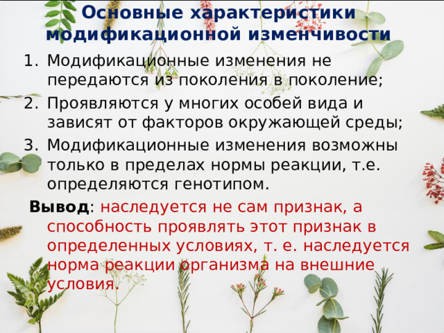 Основные характеристики модификационной изменчивости Модификационные изменения не передаются из поколения в поколение; Проявляются у многих особей вида и зависят от факторов окружающей среды; Модификационные изменения возможны только в пределах нормы реакции, т.е. определяются генотипом.  Вывод : наследуется не сам признак, а способность проявлять этот признак в определенных условиях, т. е. наследуется норма реакции организма на внешние условия. 