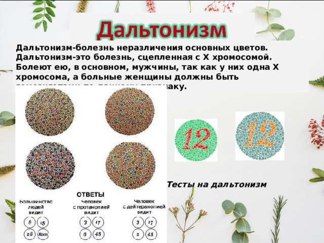Дальтонизм-болезнь неразличения основных цветов. Дальтонизм-это болезнь, сцепленная с Х хромосомой. Болеют ею, в основном, мужчины, так как у них одна Х хромосома, а больные женщины должны быть гомозиготами по данному признаку. Тесты на дальтонизм 