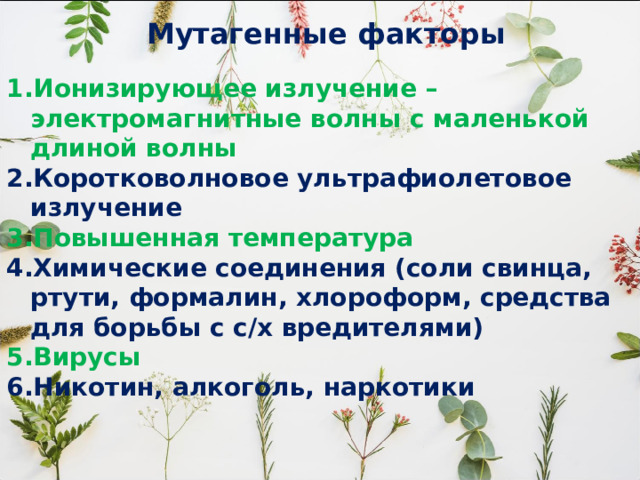 Мутагенные факторы Ионизирующее излучение – электромагнитные волны с маленькой длиной волны Коротковолновое ультрафиолетовое излучение Повышенная температура Химические соединения (соли свинца, ртути, формалин, хлороформ, средства для борьбы с с/х вредителями) Вирусы Никотин, алкоголь, наркотики  