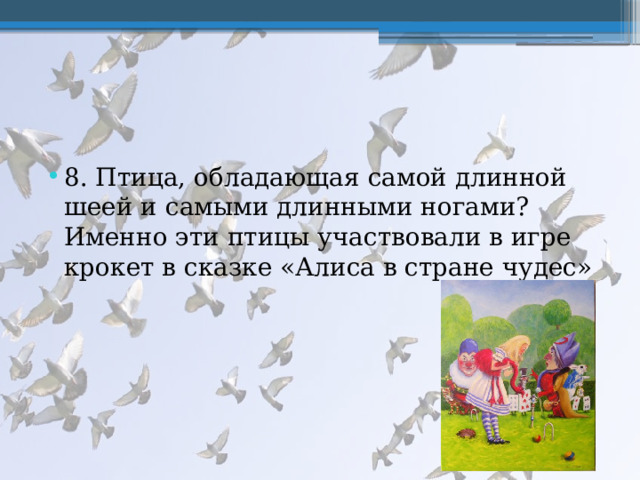 8. Птица, обладающая самой длинной шеей и самыми длинными ногами? Именно эти птицы участвовали в игре крокет в сказке «Алиса в стране чудес» 