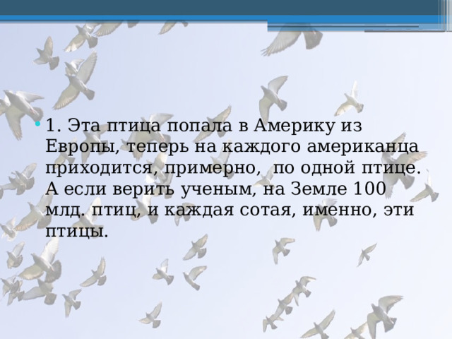 1. Эта птица попала в Америку из Европы, теперь на каждого американца приходится, примерно, по одной птице. А если верить ученым, на Земле 100 млд. птиц, и каждая сотая, именно, эти птицы. 