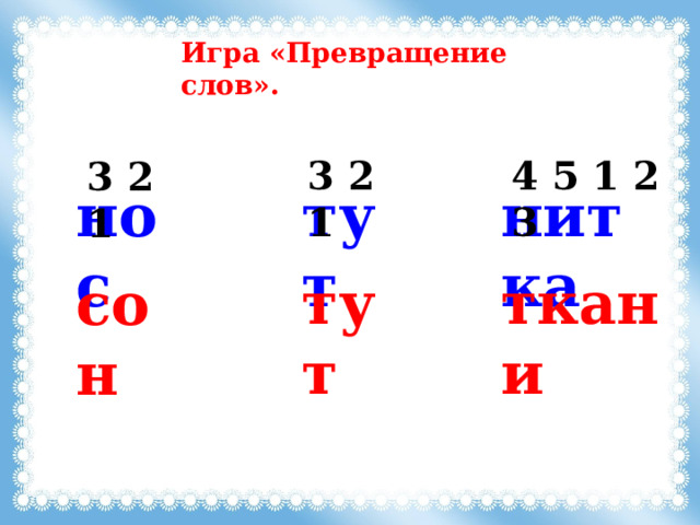 Игра «Превращение слов». 3 2 1 4 5 1 2 3 3 2 1 нос нитка тут тут ткани сон 