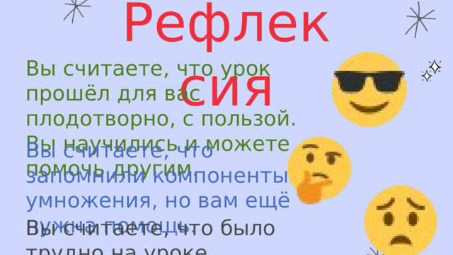 Рефлексия Вы считаете, что урок прошёл для вас плодотворно, с пользой. Вы научились и можете помочь другим. Вы считаете, что запомнили компоненты умножения, но вам ещё нужна помощь. Вы считаете, что было трудно на уроке. 