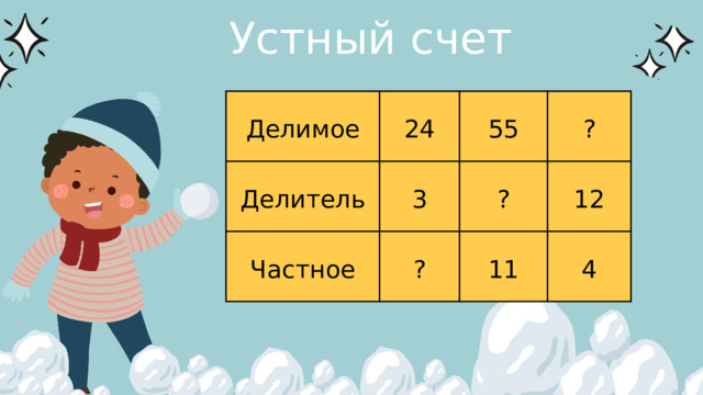 Устный счет Делимое 24 Делитель 3 Частное 55 ? ? ? 12 11 4 