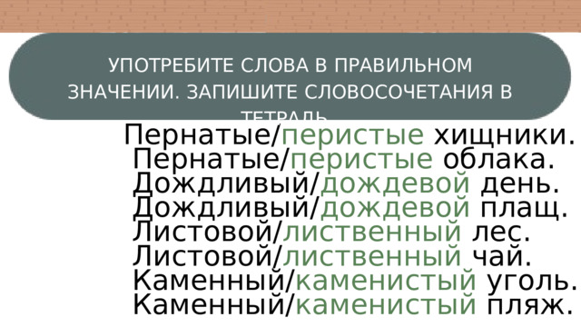 УПОТРЕБИТЕ СЛОВА В ПРАВИЛЬНОМ ЗНАЧЕНИИ. ЗАПИШИТЕ СЛОВОСОЧЕТАНИЯ В ТЕТРАДЬ. Пернатые/ перистые хищники.  Пернатые/ перистые облака.  Дождливый/ дождевой день.  Дождливый/ дождевой плащ.  Листовой/ лиственный лес.  Листовой/ лиственный чай.  Каменный/ каменистый уголь.  Каменный/ каменистый пляж. 