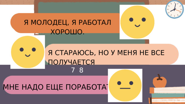 Я МОЛОДЕЦ, Я РАБОТАЛ ХОРОШО. 11 M S Я СТАРАЮСЬ, НО У МЕНЯ НЕ ВСЕ ПОЛУЧАЕТСЯ 28 27 МНЕ НАДО ЕЩЕ ПОРАБОТАТЬ. 