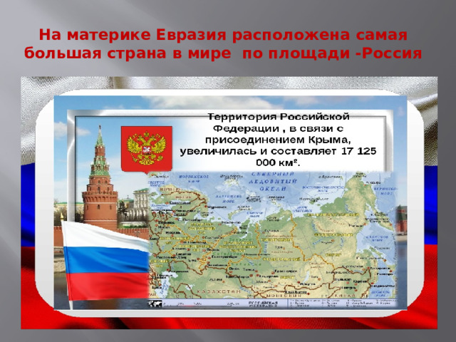 На материке Евразия расположена самая большая страна в мире по площади -Россия 