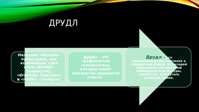 ДРУДЛ Друдл – это минималистичная картинка в квадратной рамке, на которой нарисованы абстрактные геометрические фигуры, волнистые, изогнутые, ломаные линии. Название «droodle» происходит, как комбинация трех слов «doodle» (каракули), «drawing» (рисунок) и «riddle» (загадка). Друдл - это графическая головоломка, которая имеет множество вариантов ответа.  