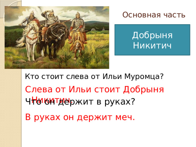 Основная часть Добрыня Никитич Кто стоит слева от Ильи Муромца? Слева от Ильи стоит Добрыня Никитич. Что он держит в руках? В руках он держит меч. 