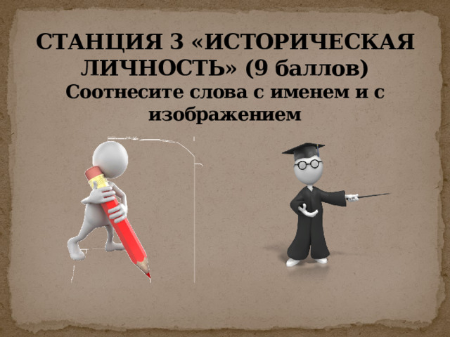 СТАНЦИЯ 3 «ИСТОРИЧЕСКАЯ ЛИЧНОСТЬ» (9 баллов)  Соотнесите слова с именем и с изображением 