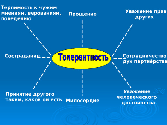 Терпимость к чужим мнениям, верованиям, поведению Уважение прав  других Прощение Сострадание Сотрудничество, дух партнёрства  Уважение человеческого  достоинства Принятие другого таким, какой он есть Милосердие 