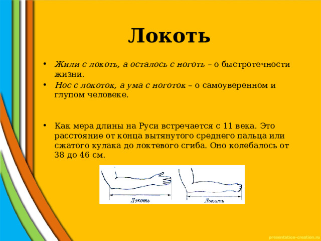  Локоть Жили с локоть, а осталось с ноготь – о быстротечности жизни. Нос с локоток, а ума с ноготок – о самоуверенном и глупом человеке. Как мера длины на Руси встречается с 11 века. Это расстояние от конца вытянутого среднего пальца или сжатого кулака до локтевого сгиба. Оно колебалось от 38 до 46 см. 