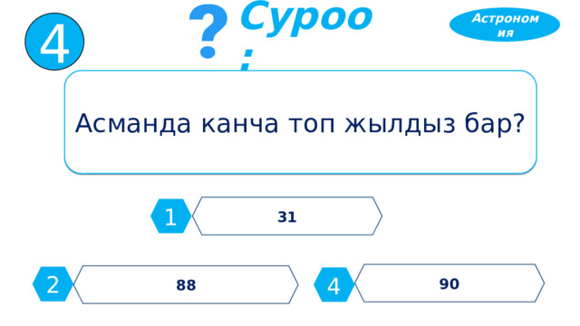 Астрономия 4 Суроо: Асманда канча топ жылдыз бар? 31 1 90 88 2 4 