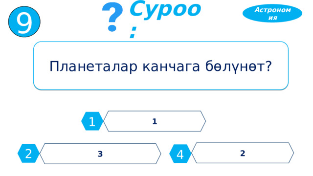 Астрономия 9 Суроо: Планеталар канчага бөлүнөт? 1 1 2 3 2 4 