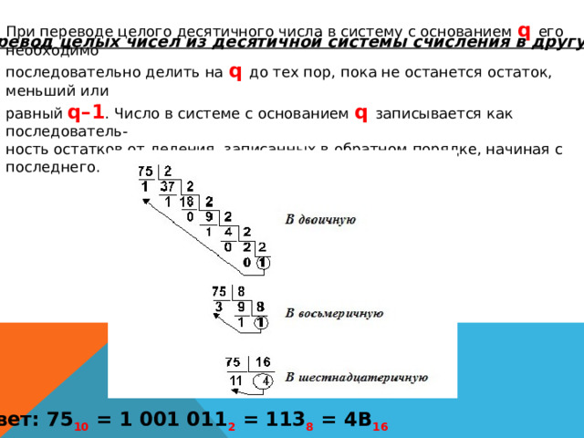 При переводе целого десятичного числа в систему с основанием q  его необходимо последовательно делить на q  до тех пор, пока не останется остаток, меньший или равный q–1 . Число в системе с основанием q  записывается как последователь- ность остатков от деления, записанных в обратном порядке, начиная с последнего. Перевод целых чисел из десятичной системы счисления в другую Ответ: 75 10 = 1 001 011 2 = 113 8 = 4B 16  