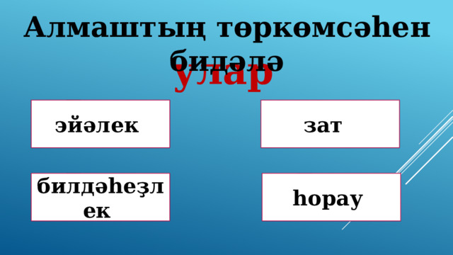 Алмаштың төркөмсәһен бидәлә улар Дөрөҫ! Дөрөҫ түгел ! эйәлек зат Дөрөҫ түгел ! Дөрөҫ түгел ! билдәһеҙлек һорау 