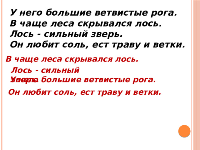 У него большие ветвистые рога. В чаще леса скрывался лось. Лось - сильный зверь. Он любит соль, ест траву и ветки.  В чаще леса скрывался лось. Лось - сильный зверь. У него большие ветвистые рога.  Он любит соль, ест траву и ветки. 